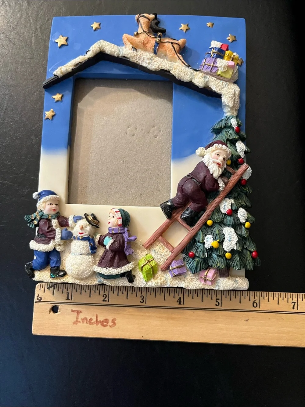 Vintage 3D Christmas Picture Frame Santa Claus Reindeers Snowman Children
